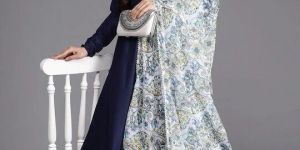 women navy blue printed pleated gotta patti trousers kurta set