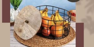Circular Black Wire Fruit Basket with Wooden Lid