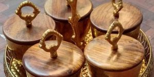 Dry Fruit Serving Metal Bowl with Wooden Lid and Wooden Tray
