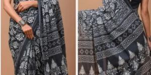 Ladies Navy Blue Hand Block Printed Cotton Saree
