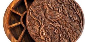 Round Wooden Carved Spice Box