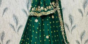 Green Embroidered Chinon Silk Lehenga Choli