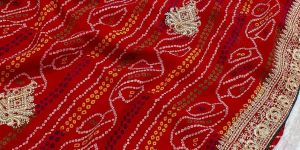Red Heavy Embroidery Jaipuri Saree