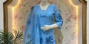 Sky Blue Combric Cotton Printed Ladies Suit Set