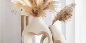 White Hollow Heart Wood Flower Vase Set OF 2 Decor