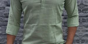 Light Green Cotton Plain Men Short Kurta