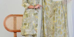 Light Green Abstract Print With Handwork 3 Piece Suit Set