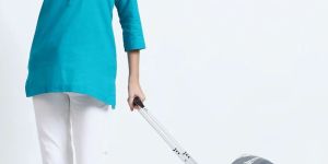 Turquoise Blue White Linen Cotton Short Kurti Pant Set