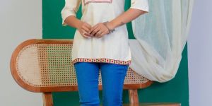 White Floral Wreath Embroidered Ladies Short Kurti