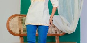 White Tiger Motif Embroidered Ladies Short Kurti
