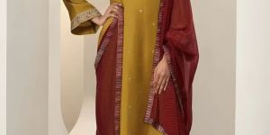 Women Embroidery Straight Mustard 3 Piece Suit Set