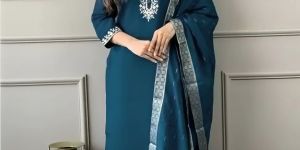 Women Embroidery Straight Teal Blue 3 Piece Suit Set