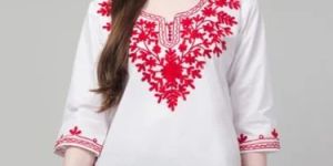 Cotton White Embroidered Short Kurti