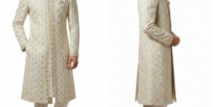 Mens White Embroidered Silk Sherwani