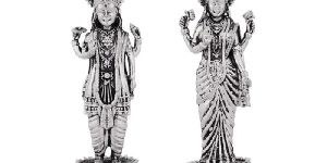 Standing Flower Base Pair Silver Vishnu Lakshmi Idol