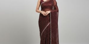 Twill Net Fabric Festival Wear Saree with Dimond (Hotfix Dimond) Work Border with Unstitched Blouse