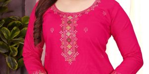 Bright Pink Pure Cotton Embroidered Ladies Kurta Set
