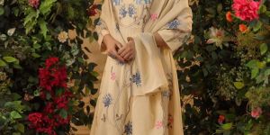 Camel Beige Viscose Chanderi Embroidered Ladies Kurta Set
