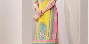 Yellow French Crepe Printed Ladies Kurta Set