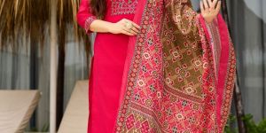 Pink Hathi Embroidered Ladies Kurta Pant Dupatta Set