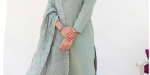 Muslin Fabric Sage Gray Ladies Kurta Suit Set