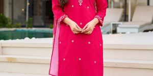 Pink Embroidered Ladies Kurta Pant Dupatta Set