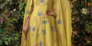 Mustard Yellow Viscose Chanderi Embroidered Ladies Kurta Set