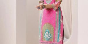Pink French Crepe Printed Ladies Kurta Set