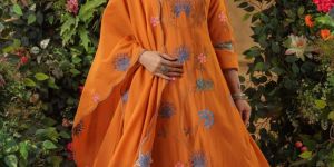 Rust Orange Viscose Chanderi Embroidered Ladies Kurta Set