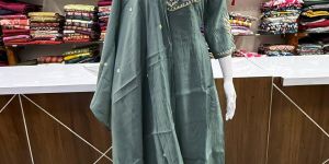 Mal Chanderi Fabric Grey Ladies Kurta Suit Set