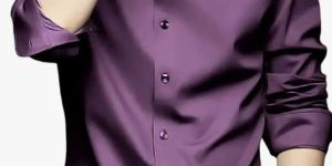 Mens Purple Plain Satin Shirt