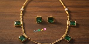 Gold-Plated Green Stone Minimal Necklace Set with Stud Earrings