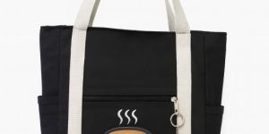 coffee cup print front zip pocket black canvas tote bag