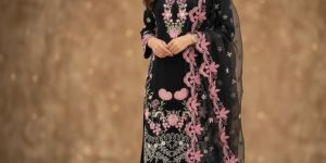 Ladies Black Embroidered Organza Fabric Suit