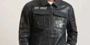 Men Navy Embellished Spread Collar Full Sleeves Biker Jacket