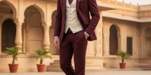 Mens Maroon 3 Piece Formal Wedding Suit
