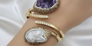 Artificial Amethyst and Baroque Pearl Cuff Bracelet