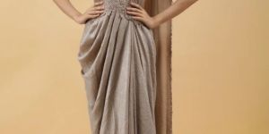 Champagne Radiance Kutdana Embroidered Crushed Draped Gown