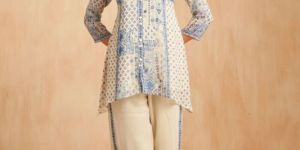 Powder Blue and Ivory Printed Georgette Kurta Set