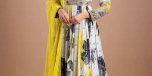 White And Yellow Printed Anarkali Set