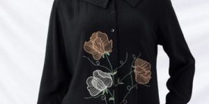 Black Embroidered Viscose Crepe Shirt with Collar