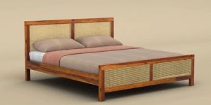 MID CENTURY CANE WOODEN BED (KING SIZE, HONEY FINISH)