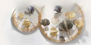 Designer Metal Wall Art: Handcrafted Golden Double Moon Ginkgo Leaf Sculpture
