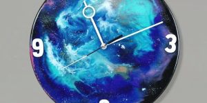 Designer Resin Wall Clock, Round, Black Blue Galaxy Effect