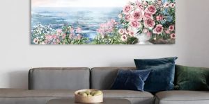 Pink Flower Rose with Blue Sea Canvas Wall Painting