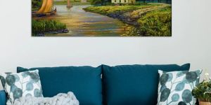 River, Boat & Village Abstract Canvas Wall Painting