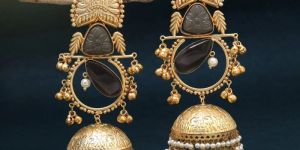 Grey Color Handmade Brass Metal Monalisa Stones Amrapali Earring