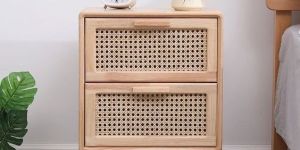 CANE WOVEN WOODEN BEDSIDE TABLE