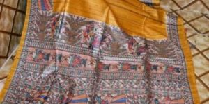 Pure Tussar Ghicha Madhubani Hand Painting Silk Sarees