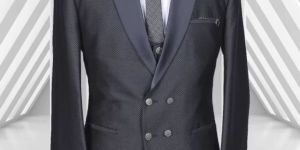 Grey Colored Textured Mens Tuxedo 5/PC Suit